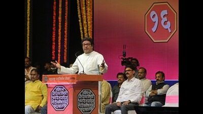 Maharashtra Navnirman Sena (MNS) chief Raj Thackeray at the party’s 16th foundation day celebration at Ganesh Kala Krida Mandir, on Wednesday. (Ravindra Joshi/HT PHOTO)