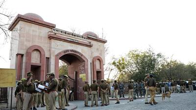 Security personnel stand guard outside the strong room at Ramabai Ambedkar Maidan before a day of counting of Uttar Pradesh Assembly Election, in Lucknow on Wednesday. (ANI) Security personnel stand guard outside the strong room at Ramabai Ambedkar Maidan before a day of counting of Uttar Pradesh Assembly Election, in Lucknow on Wednesday. (ANI)
