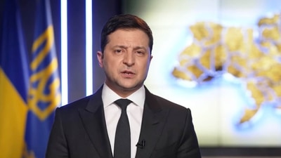 Ukrainian President Volodymyr Zelenskyy addresses the nation in Kyiv, Ukraine, Feb. 24, 2022. (Ukrainian Presidential Press Office via AP) (AP) Ukrainian President Volodymyr Zelenskyy addresses the nation in Kyiv, Ukraine, Feb. 24, 2022. (Ukrainian Presidential Press Office via AP) (AP)