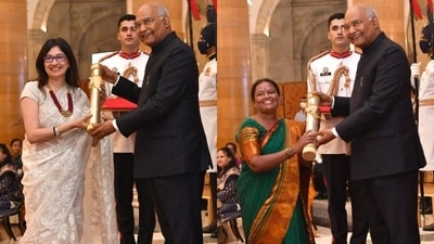 Shobha Gasti, the founder of Mahilla Abhivrudhi Mattu Samrakshana Samasthe (MASS) and &nbsp;Nivruti Rai, Country Head, Intel India from Bengaluru get Nari Shakti Puruskar by President Kovind