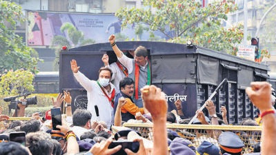 Leader of opposition Devendra Fadnavis along with party leaders being detained on Wednesday. Bhushan Koyande/HT Photo Leader of opposition Devendra Fadnavis along with party leaders being detained on Wednesday. Bhushan Koyande/HT Photo