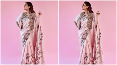Huma's pastel pink saree came in intricate floral details all throughout and the borders came decorated in zari. Huma paired it with a neutral pastel blouse. (Instagram/@iamhumaq)