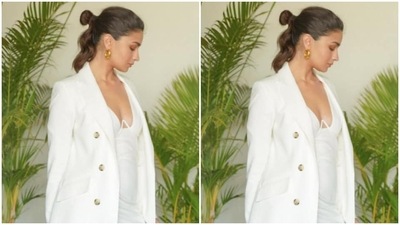 Alia added the necessary dash of colours to her look with gold earrings and rings. In nude eyeshadow, mascara-laden eyelashes, contoured cheeks and a shade of nude lipstick, Alia aced the look to perfection. (Instagram/@aliabhatt)