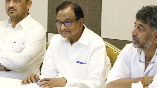 Senior Congress leader P Chidambaram and KPCC president D K Shivakumar during a meeting with Congress candidates, a day before the results of Goa assembly elections, in Margao. (PTI)