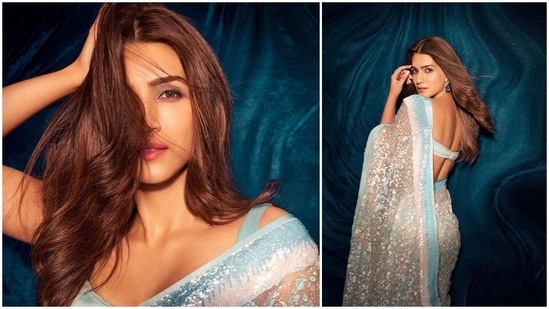Kriti Sanon clicked some stunning photos of herself in the gorgeous saree before heading out for the promotions of Bachchhan Paandey.(Instagram/@sukritigrover)