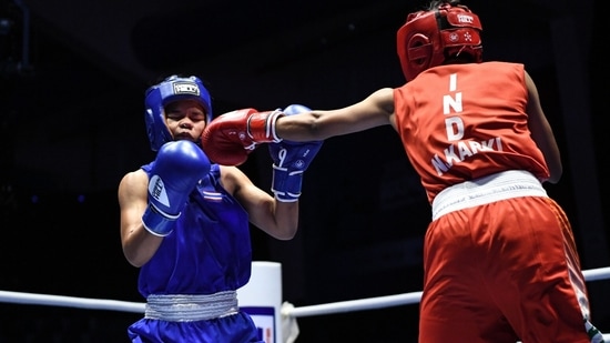 Nivedita Karki (in Red) in action during the youth women's 48kg semi-finals at the 2022 ASBC Asian Youth &amp; Junior Boxing Championships in Amman, Jordan on Wednesday, March 9, 2022.(ASBC)