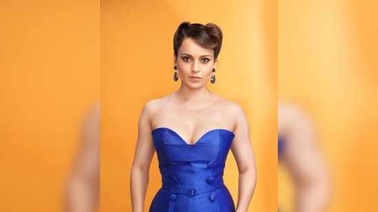 Kangana Ranaut teamed her look with a pair of blue open back stilettoes.(Instagram/@ziadgermanosworld)