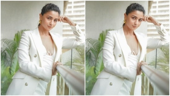 Alia Bhatt picked a white short dress and layered it with a white oversized blazer for the pictures.(Instagram/@aliabhatt)