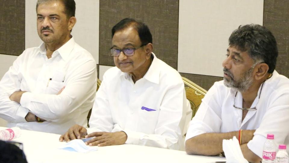 Senior Congress leader P Chidambaram and KPCC president D K Shivakumar during a meeting with Congress candidates, a day before the results of Goa assembly elections, in Margao. (PTI) Senior Congress leader P Chidambaram and KPCC president D K Shivakumar during a meeting with Congress candidates, a day before the results of Goa assembly elections, in Margao. (PTI)