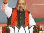 An earlier photo of Unione home minister Amit Shah addressing a public meeting in Sirathu in Uttar Pradesh's Kaushambi,. (HT Photo)