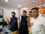 Goa Chief Minister Pramod Sawant, Bharatiya Janata Party (BJP)�s Goa election in-charge Devendra Fadnavis and party state President Sadanand Shet poses a victory sign during the celebration as the party leads the State Assembly elections, in Panaji.(ANI) Goa Chief Minister Pramod Sawant, Bharatiya Janata Party (BJP)�s Goa election in-charge Devendra Fadnavis and party state President Sadanand Shet poses a victory sign during the celebration as the party leads the State Assembly elections, in Panaji.(ANI)