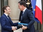 France's President Emmanuel Macron (L) welcomes Netherlands' Prime Minister Mark Rutte before a working lunch about the Russian invasion of Ukraine. France's President Emmanuel Macron (L) welcomes Netherlands' Prime Minister Mark Rutte before a working lunch about the Russian invasion of Ukraine.