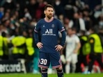 PSG's Lionel Messi reacts after Real Madrid scored their third goal during the Champions League, round of 16, second leg match between Real Madrid and Paris Saint-Germain at the Santiago Bernabeu stadium in Madrid. PSG's Lionel Messi reacts after Real Madrid scored their third goal during the Champions League, round of 16, second leg match between Real Madrid and Paris Saint-Germain at the Santiago Bernabeu stadium in Madrid.