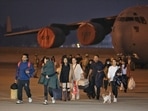 An Indian Air Force (IAF) C17 plane with 119 Indians and 27 foreigners landed at Hindon airbase in Gaziabad from Romanian capital Bucharest on Thursday morning.(HT Photo/Sanchit Khanna)