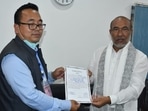 Manipur chief minister N Biren Singh receives his victory certificate from the returning officer on Thursday.(HT Photo) Manipur chief minister N Biren Singh receives his victory certificate from the returning officer on Thursday.(HT Photo)
