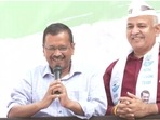 AAP supremo and Delhi chief minister Arvind Kejriwal (L) along with deputy chief minister of the the national capital address a gathering Punjab after their party made a clean sweep in the border state on Thursday, March 10, 2022. (ANI Photo)