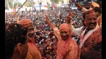 Amid the deafening tunes of drums with party workers dancing, senior leaders including chief minister Yogi Adityanath, deputy chief ministers Dinesh Sharma and Keshav Prasad Maurya along with state party chief Swatantra Dev arrived at the party office in the evening (Deepak Gupta) Amid the deafening tunes of drums with party workers dancing, senior leaders including chief minister Yogi Adityanath, deputy chief ministers Dinesh Sharma and Keshav Prasad Maurya along with state party chief Swatantra Dev arrived at the party office in the evening (Deepak Gupta)