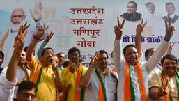 BJP workers celebrate the party's win in the Assembly election on Thursday. Bhushan Koyande/ HT Photo