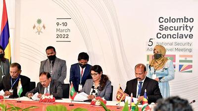 India’s national security advisor (NSA) Ajit Doval with Maldives defence minister Mariya Didi and other dignitaries at the 5th NSA-level Colombo Security Conclave (CSC) Meeting on Thursday. (ANI) India’s national security advisor (NSA) Ajit Doval with Maldives defence minister Mariya Didi and other dignitaries at the 5th NSA-level Colombo Security Conclave (CSC) Meeting on Thursday. (ANI)