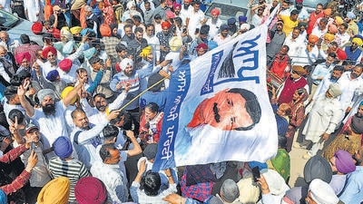 Mohali, India - March 10, 2022: Aam Aadmi Party (AAP) supporters celebrate AAP Candidate Kulwant Singh’s victory after Punjab Assembly election results at AAP office in Sector 78 in Mohali, Punjab, India on Thursday, March 10, 2022. (Photo by Ravi Kumar/Hindustan Times) Mohali, India - March 10, 2022: Aam Aadmi Party (AAP) supporters celebrate AAP Candidate Kulwant Singh’s victory after Punjab Assembly election results at AAP office in Sector 78 in Mohali, Punjab, India on Thursday, March 10, 2022. (Photo by Ravi Kumar/Hindustan Times)