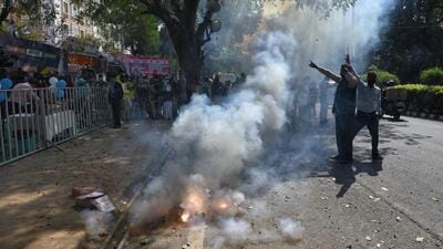 Supporters of Aam Aadmi Party (AAP) during the celebrations after party’s lead in Punjab Elections at AAP Headquarters in New Delhi on Thursday. (Sanchit Khanna/HT)