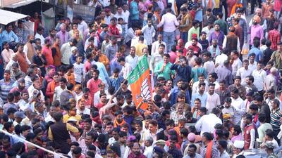 BJP supporters celebrate the party’s victory in Lakhimpur Kheri. (HT PHOTO) BJP supporters celebrate the party’s victory in Lakhimpur Kheri. (HT PHOTO)