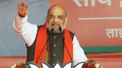 An earlier photo of Unione home minister Amit Shah addressing a public meeting in Sirathu in Uttar Pradesh's Kaushambi,. (HT Photo)