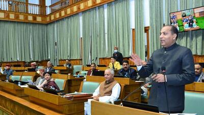 Himachal Pradesh chief minister Jai Ram Thakur at the Vidhan Sabha budget session in Shimla on Thursday. (HT Photo)