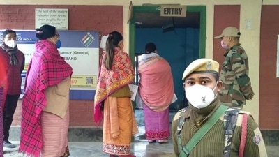 Voters outside a polling booth in Manipur. (PTI)
