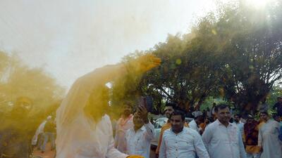 After being declared the winner, Tejpal Nagar celebrated an early Holi with his supporters. (Sunil Ghosh / HT Photo) After being declared the winner, Tejpal Nagar celebrated an early Holi with his supporters. (Sunil Ghosh / HT Photo)