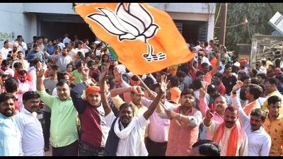 BJP workers celebrating victory of the party in Prayagraj on Thursday. (Anil Kumar Maurya/HT) BJP workers celebrating victory of the party in Prayagraj on Thursday. (Anil Kumar Maurya/HT)