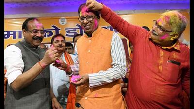 Bihar BJP president Sanjay Jaiswal celebrates party’s win in the UP assembly elections in Patna on Thursday. (Santosh Kumar/HT Photo) Bihar BJP president Sanjay Jaiswal celebrates party’s win in the UP assembly elections in Patna on Thursday. (Santosh Kumar/HT Photo)