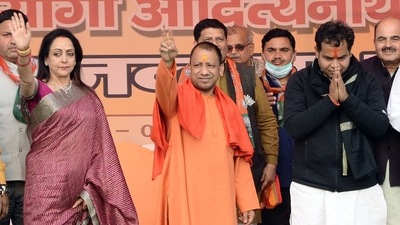 File photo of Uttar Pradesh Chief Minister Yogi Adityanath with Bharatiya Janata Party (BJP) Lok Sabha MP Hema Malini. (ANI) File photo of Uttar Pradesh Chief Minister Yogi Adityanath with Bharatiya Janata Party (BJP) Lok Sabha MP Hema Malini. (ANI)