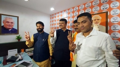 Goa Chief Minister Pramod Sawant, Bharatiya Janata Party (BJP)�s Goa election in-charge Devendra Fadnavis and party state President Sadanand Shet poses a victory sign during the celebration as the party leads the State Assembly elections, in Panaji. (ANI)