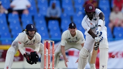 West Indies' Jason Holder plays a shot against England during day two of their first cricket Test match at the Sir Vivian Richards Cricket Ground in North Sound, Antigua and Barbuda. (AP)