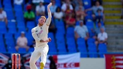 Ben Stokes bowls during day two of their first cricket Test match against West Indies at the Sir Vivian Richards Cricket Ground in North Sound, Antigua and Barbuda. (AP)