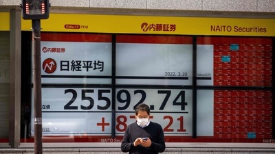 A pedestrian stands near an electronic quotation board displaying the numbers of the Nikkei 225 Index on the Tokyo Stock Exchange. (AFP) A pedestrian stands near an electronic quotation board displaying the numbers of the Nikkei 225 Index on the Tokyo Stock Exchange. (AFP)