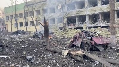 Debris is seen on site of the destroyed Mariupol children's hospital as Russia's invasion of Ukraine continues, in Mariupol, Ukraine, March 9, 2022 in this still image from a handout video obtained by Reuters. Ukraine Military.&nbsp; (via REUTERS)