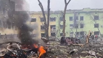 A view shows cars and a building of a hospital destroyed by an aviation strike amid Russia's invasion of Ukraine. (Reuters)
