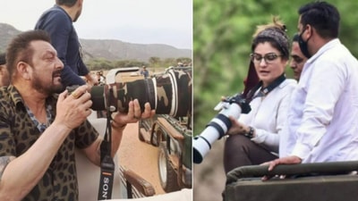 Sanjay Dutt and Raveena Tandon at Jhalana Leopard Safari Park in Jaipur.