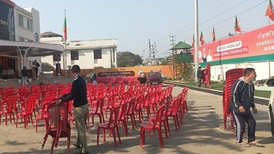 BJP office in Imphal preparing to celebrate a likely win. BJP office in Imphal preparing to celebrate a likely win.