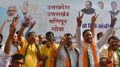 BJP workers celebrate the party's win in the Assembly election on Thursday. Bhushan Koyande/ HT Photo