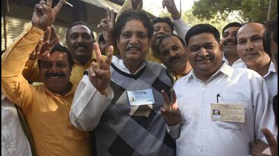 This is Sunil Sharma’s second consecutive highest victory margin in Uttar Pradesh, a feat he first achieved in 2017 by besting Amarpal Sharma, then Congress candidate, by 150,685 votes. (Sakib Ali/HT Photo) This is Sunil Sharma’s second consecutive highest victory margin in Uttar Pradesh, a feat he first achieved in 2017 by besting Amarpal Sharma, then Congress candidate, by 150,685 votes. (Sakib Ali/HT Photo)