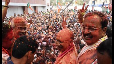 Yogi Adityanath, along with others, celebrates BJP’s victory in UP assembly elections at BJP state headquarters in Lucknow on Thursday. (HT Photo) Yogi Adityanath, along with others, celebrates BJP’s victory in UP assembly elections at BJP state headquarters in Lucknow on Thursday. (HT Photo)