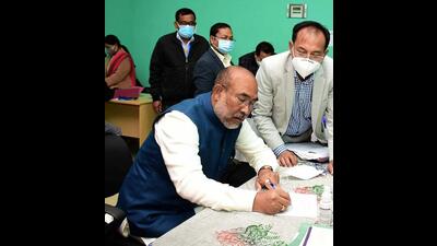 Chief minister N Biren Singh was ahead of his nearest rival P Saratchandra of the Congress by nearly 18,000 votes. (ANI) Chief minister N Biren Singh was ahead of his nearest rival P Saratchandra of the Congress by nearly 18,000 votes. (ANI)