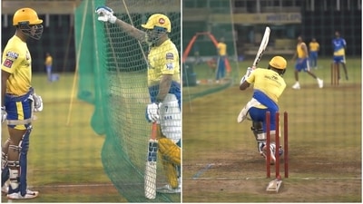 Dhoni can be seen interacting with Hangargekar. (CSK Youtube) Dhoni can be seen interacting with Hangargekar. (CSK Youtube)