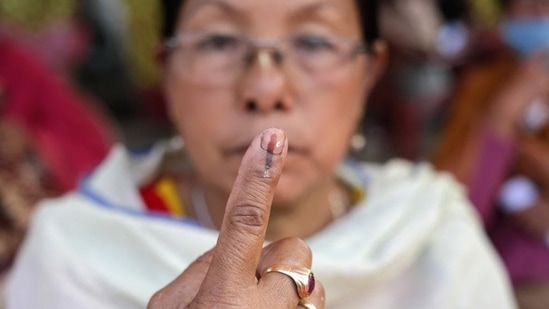 An elderly woman after casting her vote in the first phase of Manipur elections on February 28. (AP Photo)