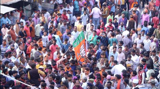 BJP supporters celebrate the party’s victory in Lakhimpur Kheri. (HT PHOTO)