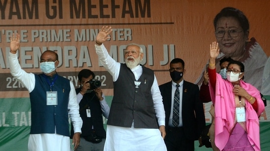 File photo of Prime Minister Narendra Modi with Manipur Chief Minister N Biren Singh and BJP state President A. Sharada Devi.