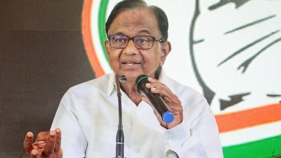 Congress Rajya Sabha MP P Chidambaram addresses a press conference, at state party office, in Lucknow.(ANI)